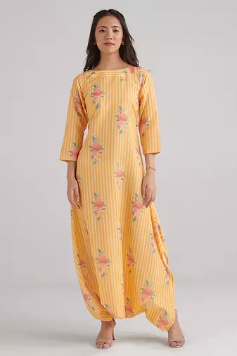 Yellow & amber yellow floral printed rayon jumpsuit & dhoti jumpsuit mother daughter matching combo