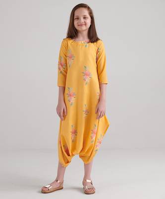 Yellow & amber yellow floral printed rayon jumpsuit & dhoti jumpsuit mother daughter matching combo 3