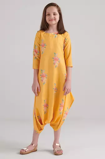 Yellow & amber yellow floral printed rayon jumpsuit & dhoti jumpsuit mother daughter matching combo