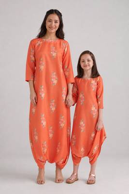 Orange & bright orange floral printed rayon jumpsuit & dhoti jumpsuit mother daughter matching combo 1