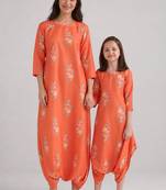 Orange & bright orange floral printed rayon jumpsuit & dhoti jumpsuit mother daughter matching combo