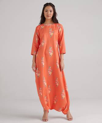 Orange & bright orange floral printed rayon jumpsuit & dhoti jumpsuit mother daughter matching combo 2