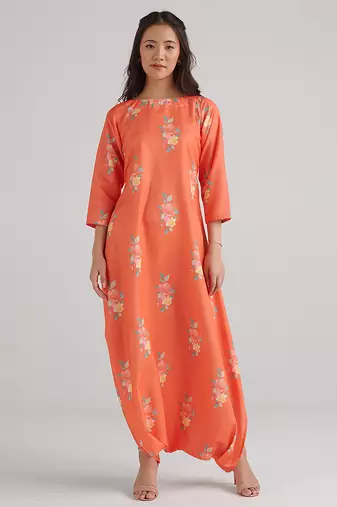 Orange & bright orange floral printed rayon jumpsuit & dhoti jumpsuit mother daughter matching combo
