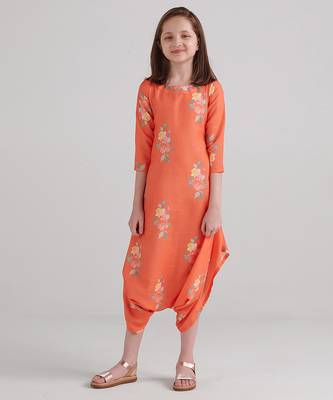 Orange & bright orange floral printed rayon jumpsuit & dhoti jumpsuit mother daughter matching combo 3