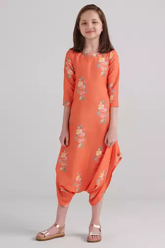 Orange & bright orange floral printed rayon jumpsuit & dhoti jumpsuit mother daughter matching combo