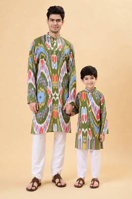 Olive & green ikat cotton kurta & kurta pant set father son matching combo 1