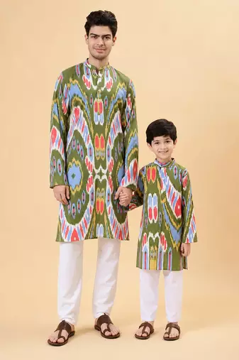 Olive & green ikat cotton kurta & kurta pant set father son matching combo