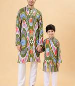 Olive & green ikat cotton kurta & kurta pant set father son matching combo