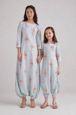 Blue & baby blue floral printed rayon jumpsuit & dhoti jumpsuit mother daughter matching combo 1