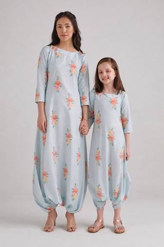 Blue & baby blue floral printed rayon jumpsuit & dhoti jumpsuit mother daughter matching combo