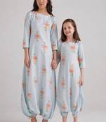 Blue & baby blue floral printed rayon jumpsuit & dhoti jumpsuit mother daughter matching combo
