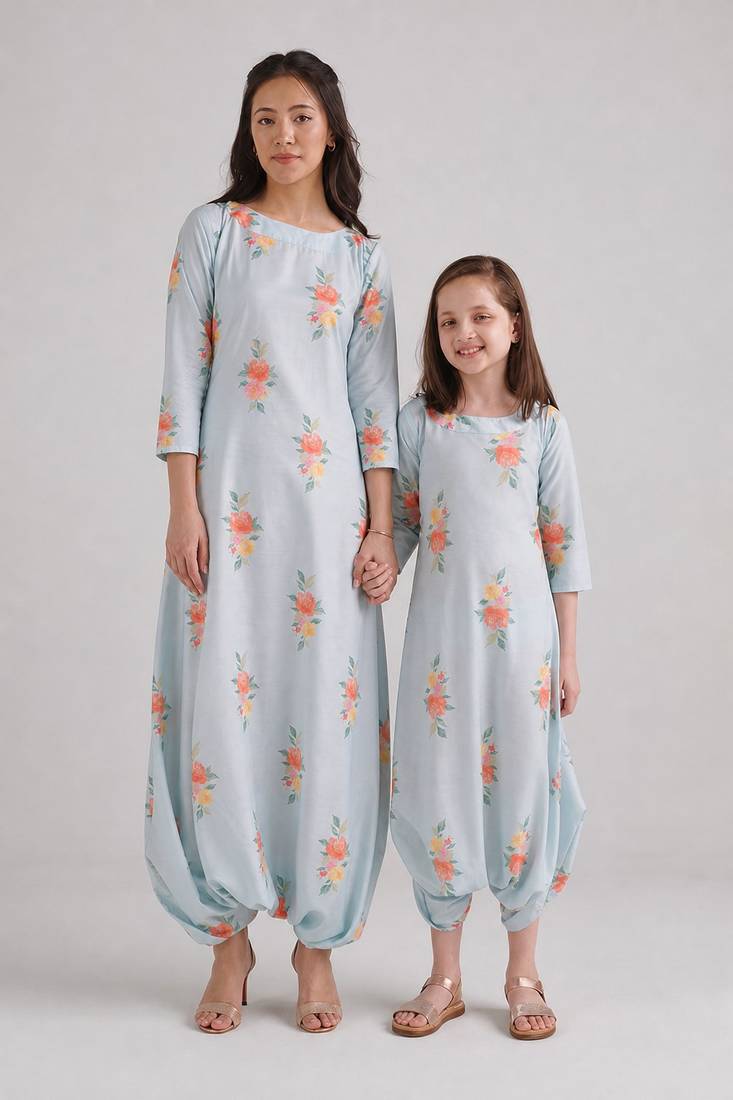 Blue & baby blue floral printed rayon jumpsuit & dhoti jumpsuit mother daughter matching combo