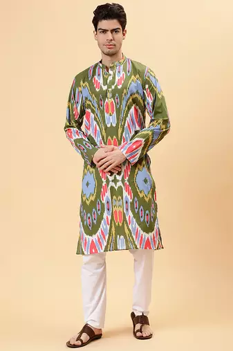 Olive & green ikat cotton kurta & kurta pant set father son matching combo