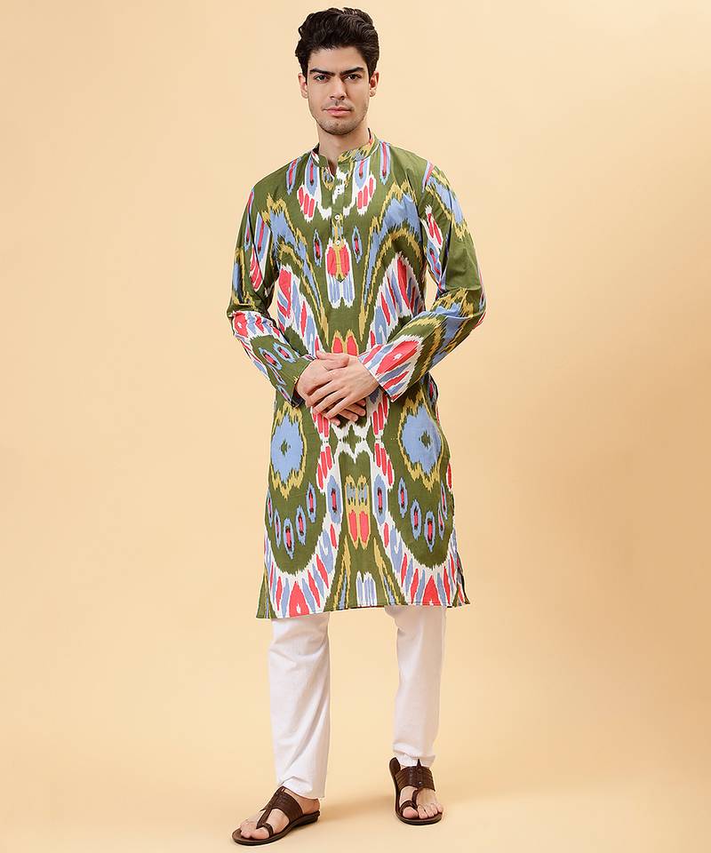 Olive & green ikat cotton kurta & kurta pant set father son matching combo