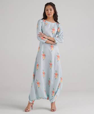 Blue & baby blue floral printed rayon jumpsuit & dhoti jumpsuit mother daughter matching combo 2