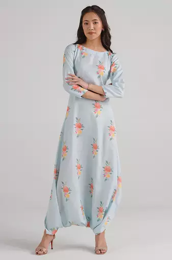 Blue & baby blue floral printed rayon jumpsuit & dhoti jumpsuit mother daughter matching combo