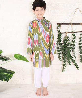 Olive & green ikat cotton kurta & kurta pant set father son matching combo 3
