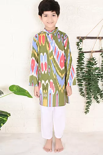 Olive & green ikat cotton kurta & kurta pant set father son matching combo