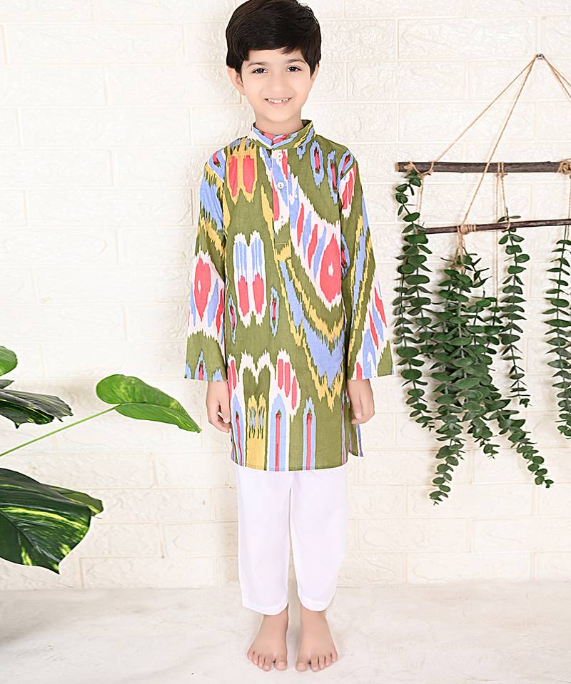 Olive & green ikat cotton kurta & kurta pant set father son matching combo