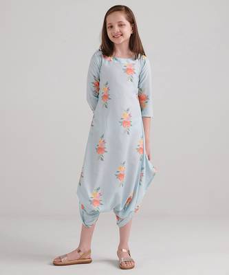 Blue & baby blue floral printed rayon jumpsuit & dhoti jumpsuit mother daughter matching combo 3