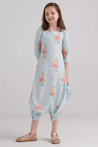 Blue & baby blue floral printed rayon jumpsuit & dhoti jumpsuit mother daughter matching combo