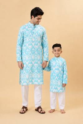 Blue ikat cotton kurta & kurta pant set father son matching combo 1
