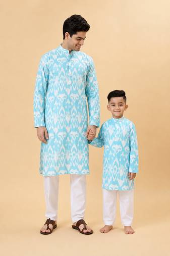 Blue ikat cotton kurta & kurta pant set father son matching combo