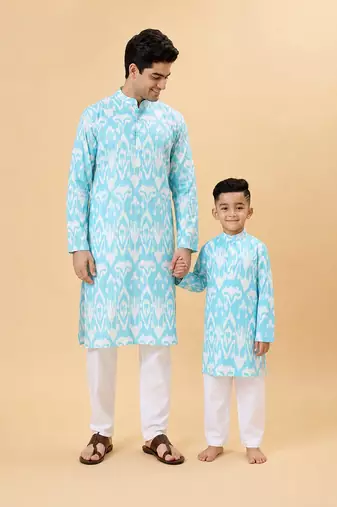 Blue ikat cotton kurta & kurta pant set father son matching combo