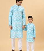 Blue ikat cotton kurta & kurta pant set father son matching combo