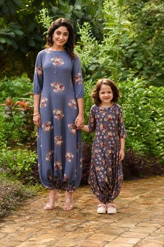 Persian blue hand printed linen dhoti jumpsuit mother daughter matching combo