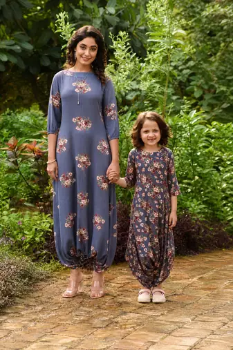 Persian blue hand printed linen dhoti jumpsuit mother daughter matching combo