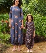 Persian blue hand printed linen dhoti jumpsuit mother daughter matching combo
