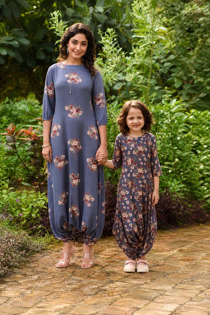Persian blue hand printed linen dhoti jumpsuit mother daughter matching combo