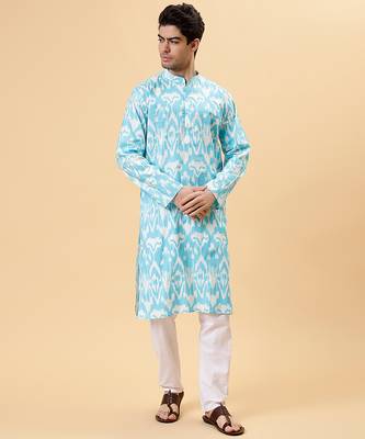 Blue ikat cotton kurta & kurta pant set father son matching combo 2