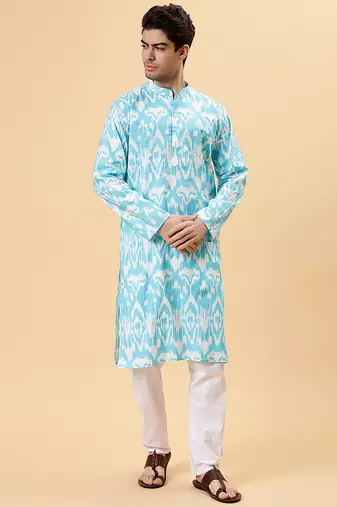 Blue ikat cotton kurta & kurta pant set father son matching combo