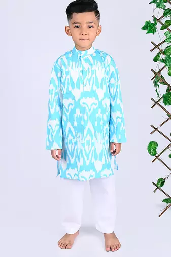 Blue ikat cotton kurta & kurta pant set father son matching combo