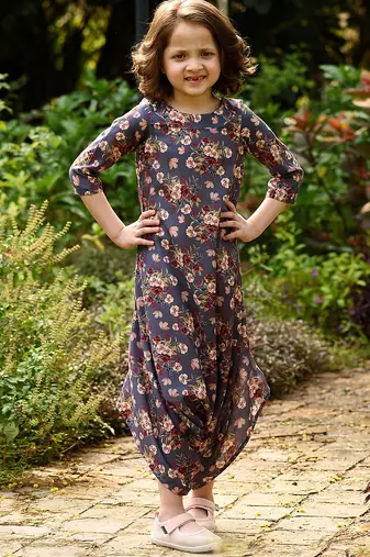Persian blue hand printed linen dhoti jumpsuit mother daughter matching combo