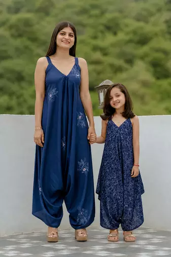 Blue floral printed cotton & rayon palazzo jumpsuit mother daughter matching combo