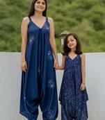 Blue floral printed cotton & rayon palazzo jumpsuit mother daughter matching combo
