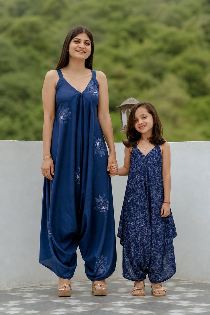 Blue floral printed cotton & rayon palazzo jumpsuit mother daughter matching combo