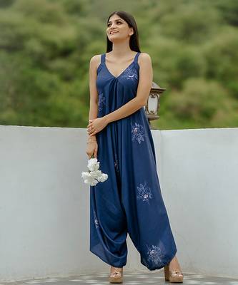 Blue floral printed cotton & rayon palazzo jumpsuit mother daughter matching combo 2