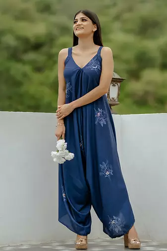 Blue floral printed cotton & rayon palazzo jumpsuit mother daughter matching combo