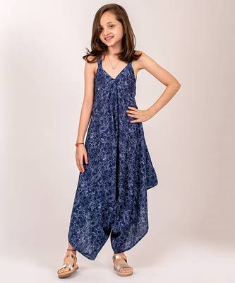 Blue floral printed cotton & rayon palazzo jumpsuit mother daughter matching combo 3