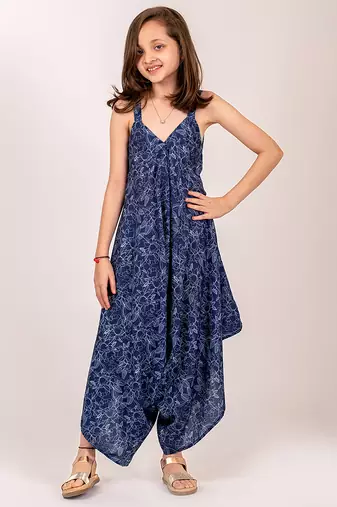 Blue floral printed cotton & rayon palazzo jumpsuit mother daughter matching combo