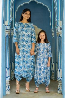 Seashell cream, cream & blue zari & printed cotton dhoti jumpsuit mother daughter matching combo 1