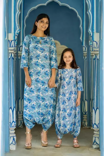 Seashell cream, cream & blue zari & printed cotton dhoti jumpsuit mother daughter matching combo