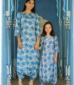 Seashell cream, cream & blue zari & printed cotton dhoti jumpsuit mother daughter matching combo