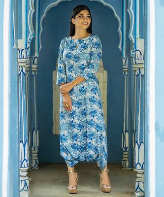 Seashell cream, cream & blue zari & printed cotton dhoti jumpsuit mother daughter matching combo 2