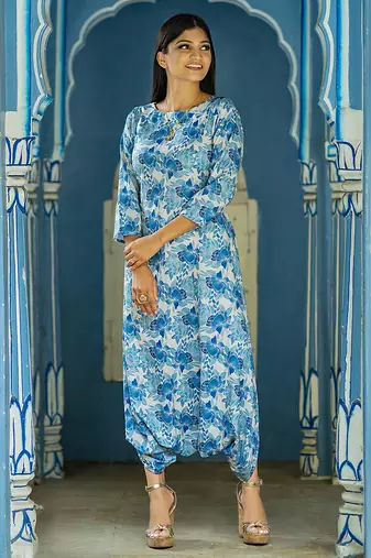 Seashell cream, cream & blue zari & printed cotton dhoti jumpsuit mother daughter matching combo