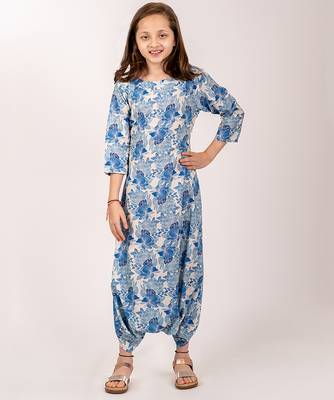 Seashell cream, cream & blue zari & printed cotton dhoti jumpsuit mother daughter matching combo 3